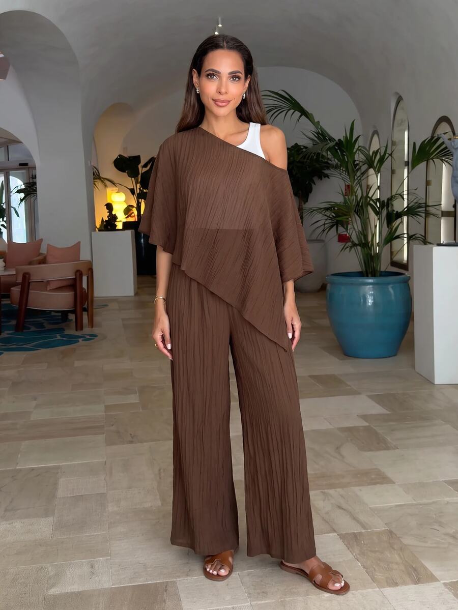 Alya Khalil Apricot Asymmetric Shoulder Textured Poncho Top & Wide Leg Pants 2 Pieces Set Summer - Apricot - View 1
