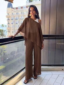 Alya Khalil Apricot Asymmetric Shoulder Textured Poncho Top & Wide Leg Pants 2 Pieces Set Summer - Apricot - View 4