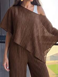 Alya Khalil Apricot Asymmetric Shoulder Textured Poncho Top & Wide Leg Pants 2 Pieces Set Summer - Apricot - View 5