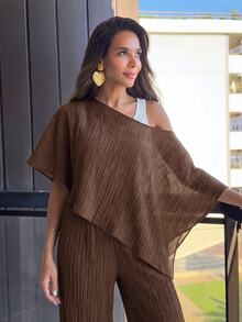 Alya Khalil Apricot Asymmetric Shoulder Textured Poncho Top & Wide Leg Pants 2 Pieces Set Summer - Apricot - View 3