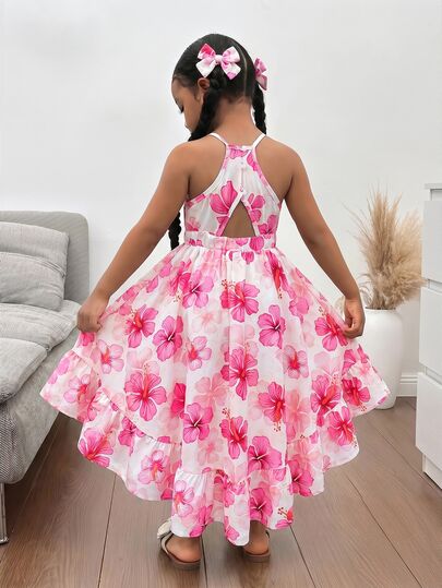 SHEIN Girls' Lemon Print Ruffle Sleeve Long Dress, Summer Vacation Outfit, Mother-Daughter And Sister Matching Style, Family Travel Outfit, Holiday Celebration, Beach Vacation Outfit, Minimalist Style Sleeveless Floral Print Camisole Dress, Minimalist Style Sleeveless Floral Print Skirt