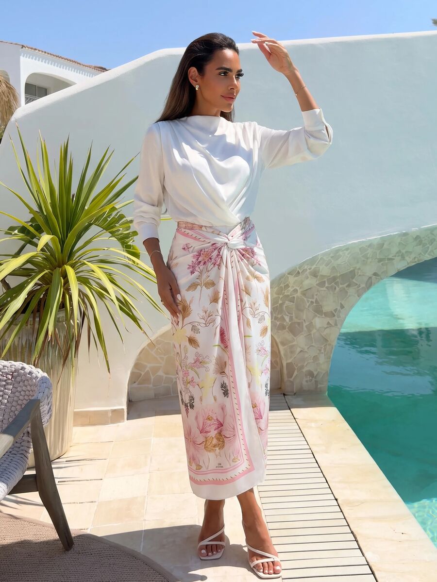 Alya Khalil WOMEN'S CASUAL/DATE FLORAL PRINT TWIST WAIST SKIRT, SPRING/SUMMER Pink