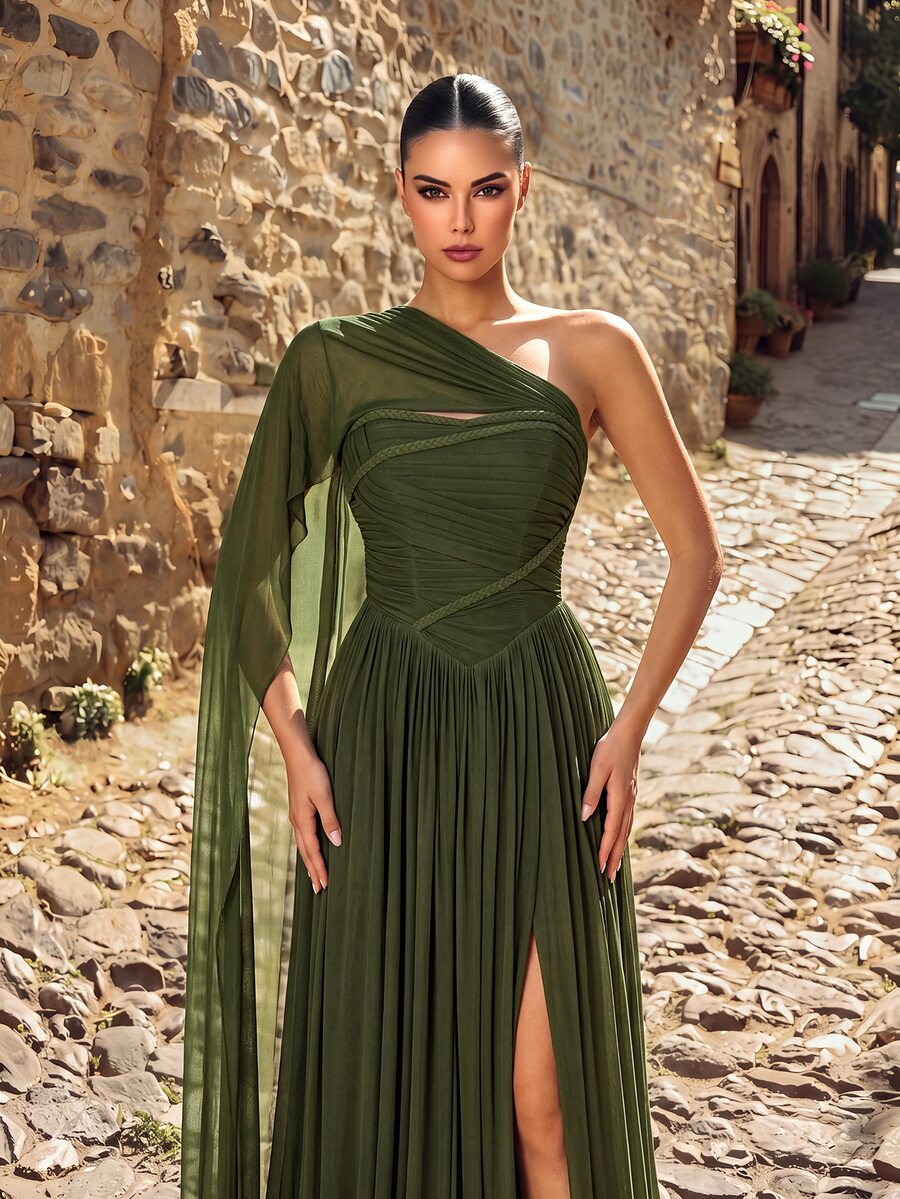 Aureia Elegant Luxurious Beaded Sequin Handmade Applique Velvet Waist Sash Vintage Decorative Button, Fishtail Trailing Design - Army Green - View 1
