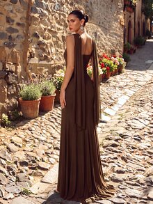 Aureia 优雅雪纺面料绿色无肩带修身鱼尾低腰褶皱侧边垂褶荷叶边连衣裙（可拆卸，多穿法）适合约会、度假、婚礼、购物、日常活动、伴娘礼服 - 咖啡棕 - 查看 2