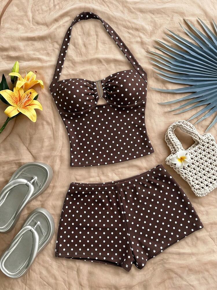 Soleia Women's 2-Piece Set Halter Neck Y2K Top And Fitted Shorts, Casual Minimalist Vacation Bohemian Elegant Romantic Vintage Brown Polka Dot Print Pattern, Women's Commute Outfit, Music Festival, Beach Outfit, Vacation Outfit, Women's Summer Outfit - Multicolor - View 7