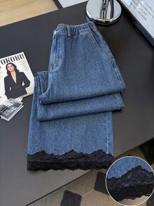 GlowEve Plus Size Denim Jeans, All-Season Vintage Dark Blue Black Lace Trim Hem Jeans, Versatile Daily Commute School Wear Jeans - Dark Wash - View 2