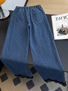 GlowEve Plus Size Denim Jeans, All-Season Vintage Dark Blue Black Lace Trim Hem Jeans, Versatile Daily Commute School Wear Jeans - Dark Wash - View 5