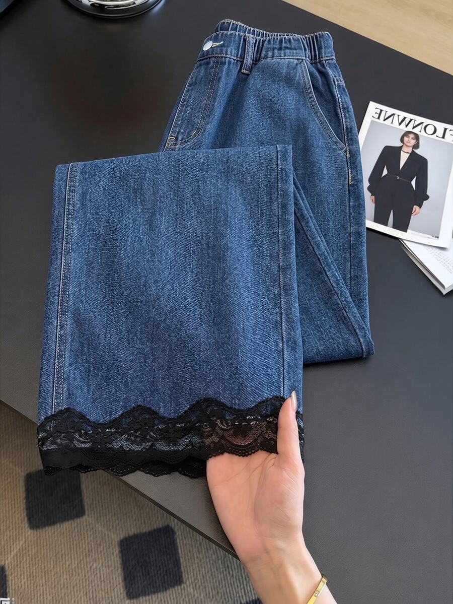 GlowEve Plus Size Denim Jeans, All-Season Vintage Dark Blue Black Lace Trim Hem Jeans, Versatile Daily Commute School Wear Jeans - Dark Wash - View 1