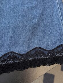 GlowEve Plus Size Denim Jeans, All-Season Vintage Dark Blue Black Lace Trim Hem Jeans, Versatile Daily Commute School Wear Jeans - Dark Wash - View 4