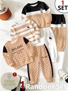 SHEIN Baby Boys Random Geometric Lattice Striped Colorblock Crown Letter K Print Crew Neck Sweatshirt And Jogger Pants 2pcs Set Fall Outfits - Multicolor - View 1
