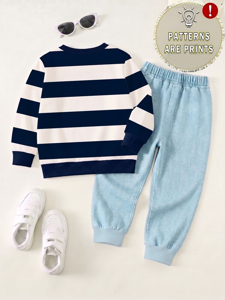 SHEIN Baby Boys Random Striped Cartoon Bear Horse Graphic Crew Neck Long Sleeve Sweatshirt And Faux Denim Jogger Pants 2pcs Set Fall Outfits - Multicolor - View 2