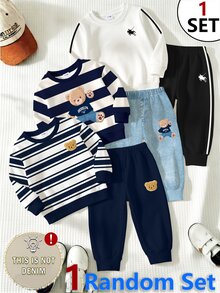 SHEIN Baby Boys Random Striped Cartoon Bear Horse Graphic Crew Neck Long Sleeve Sweatshirt And Faux Denim Jogger Pants 2pcs Set Fall Outfits - Multicolor - View 1