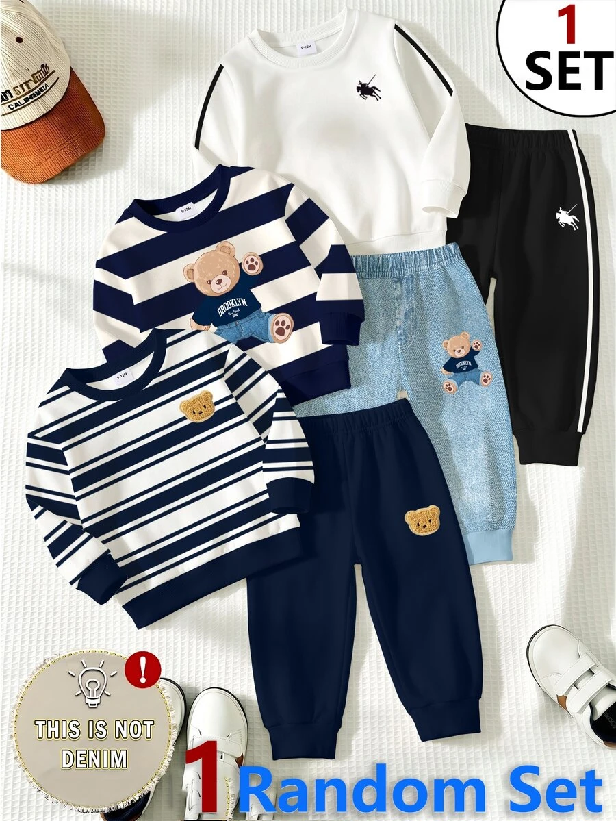 SHEIN Baby Boys Random Striped Cartoon Bear Horse Graphic Crew Neck Long Sleeve Sweatshirt And Faux Denim Jogger Pants 2pcs Set Fall Outfits - Multicolor - View 1