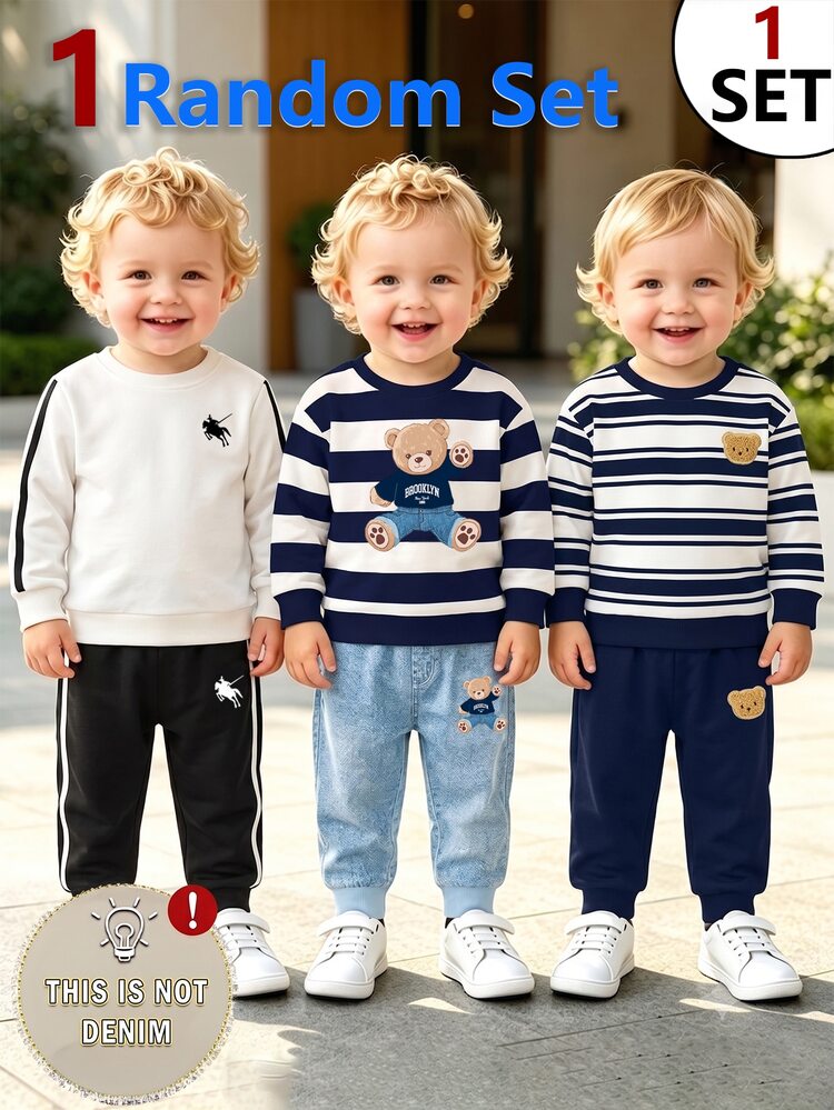 SHEIN Baby Boys Random Striped Cartoon Bear Horse Graphic Crew Neck Long Sleeve Sweatshirt And Faux Denim Jogger Pants 2pcs Set Fall Outfits - Multicolor - View 4