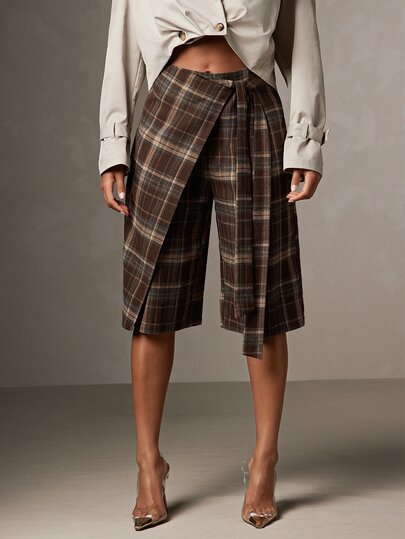 Hauture Damen Old Money Sexy Lässig karierte maßgeschneiderte Wickel-Bermuda-Shorts mit weitem Bein und Bindedetail, Büro-Chic, Layering-Piece, Brunch, Dates, Urlaub