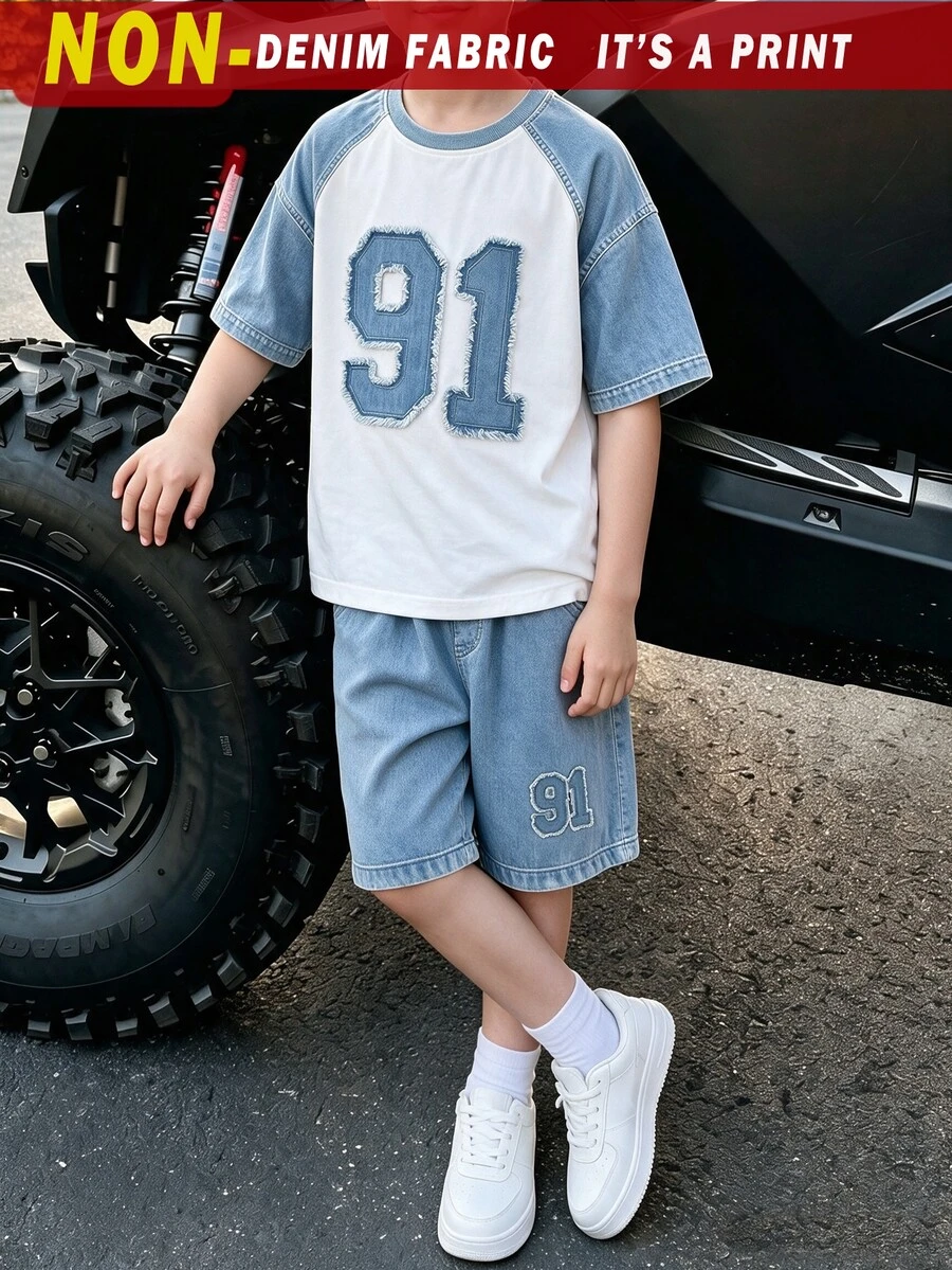 2pcs Tween Boy Fashion Versatile Comfortable Set, Cool English Letter Print Design, Street Style Knit Set, Suitable For Holiday Party, Spring Summer Autumn, Easy And Comfortable, Young Men's Summer First Choice, Fashion Casual Wear, Spring Summer Autumn Streetwear, Casual Outfits For And Back To School - Multicolor - View 1