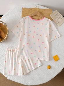Tween Girl Fun Heart Capybara Print Pajama Set, 2 Pieces - Apricot - View 2