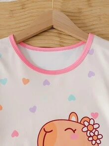 Tween Girl Fun Heart Capybara Print Pajama Set, 2 Pieces - Apricot - View 3