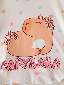 Tween Girl Fun Heart Capybara Print Pajama Set, 2 Pieces - Apricot - View 7
