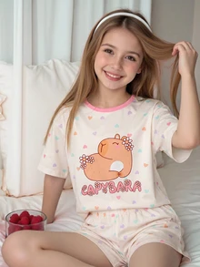 Tween Girl Fun Heart Capybara Print Pajama Set, 2 Pieces - Apricot - View 8