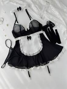 Fantasy Costume Fantasy Costume 6 件大码女仆装套装包括荷叶边蕾丝拼接吊带连衣裙和渔网袜 - 黑與白 - 查看 5