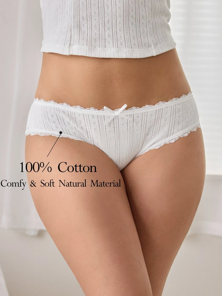 Ocili 5pcs Bulk Pack Pure Cotton Knitted Jacquard Comfortable Women's Contrast Lace Bow Decor Triangle Panties - White - View 1
