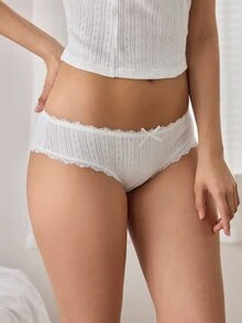 Ocili 5pcs Bulk Pack Pure Cotton Knitted Jacquard Comfortable Women's Contrast Lace Bow Decor Triangle Panties - White - View 5