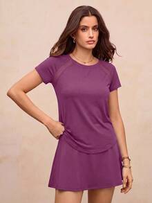Activina Women's Solid Color Raglan Short Sleeve Casual Fitness Sports T-Shirt - Purple - View 7