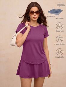 Activina Women's Solid Color Raglan Short Sleeve Casual Fitness Sports T-Shirt - Purple - View 3