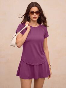 Activina Women's Solid Color Raglan Short Sleeve Casual Fitness Sports T-Shirt - Purple - View 4