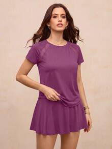 Activina Women's Solid Color Raglan Short Sleeve Casual Fitness Sports T-Shirt - Purple - View 8