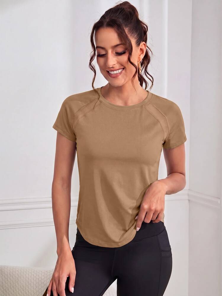 Activina Solid Color Short Sleeve Curved Hem Sports T-Shirt Gym Workout Khaki Summer Sporty Athleisure Athletic - Khaki - View 9