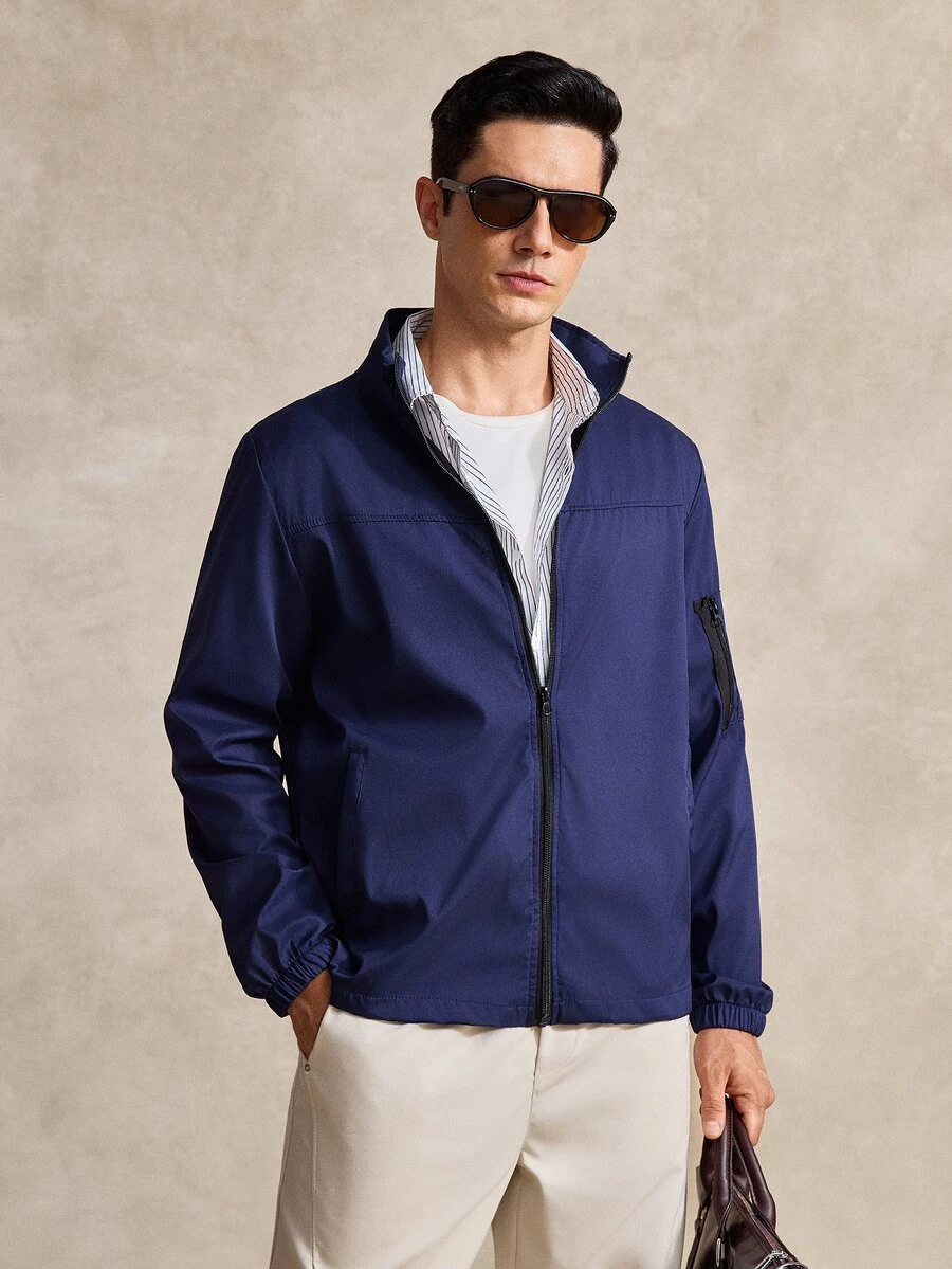 Courvante Men's High Neck Long Sleeve Solid Color Jacket, Golf, Fall - Navy Blue - View 1