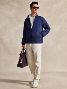 Courvante Men's High Neck Long Sleeve Solid Color Jacket, Golf, Fall - Navy Blue - View 2