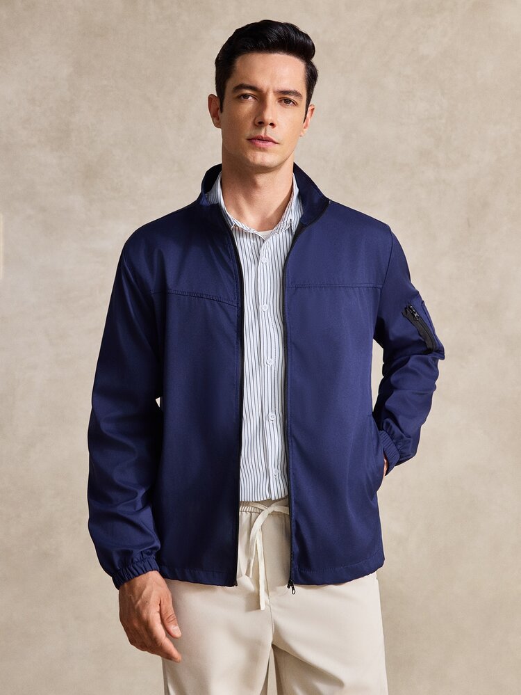 Courvante Men's High Neck Long Sleeve Solid Color Jacket, Golf, Fall - Navy Blue - View 4