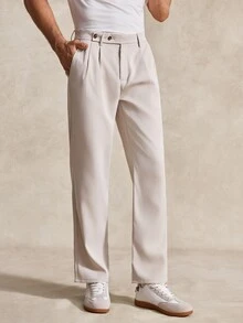Courvante Men's Solid Color Pleated Slant Pocket Casual Straight Leg Pants - Apricot - View 4