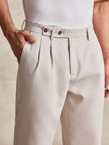 Courvante Men's Solid Color Pleated Slant Pocket Casual Straight Leg Pants - Apricot - View 6