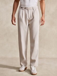 Courvante Men's Solid Color Pleated Slant Pocket Casual Straight Leg Pants - Apricot - View 5