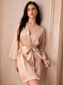 Charlaine 前开式束带缎面睡袍奢华家居服 - 香檳色 - 查看 5