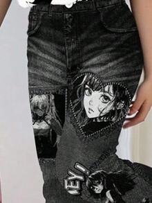 SHEIN 2 件套年轻女孩卡通图案圆领短袖上衣和喇叭裤，休闲夏季服装 - 彩色 - 查看 4