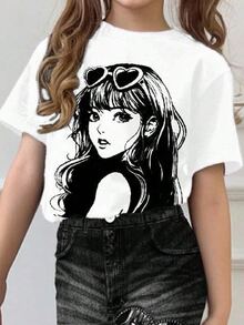 SHEIN 2 件套年轻女孩卡通图案圆领短袖上衣和喇叭裤，休闲夏季服装 - 彩色 - 查看 3