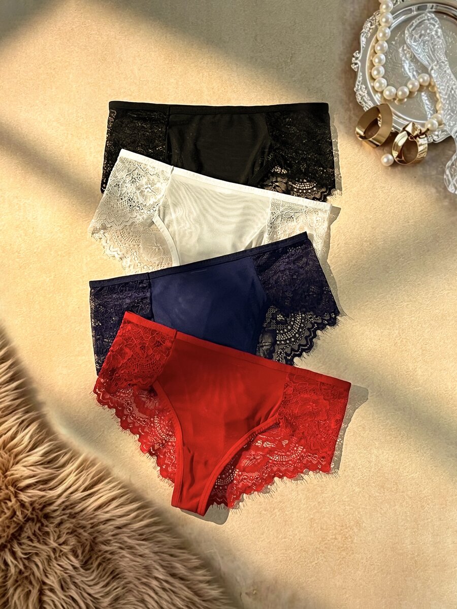 Bare Chapter 4pcs/Set French Eyelash Lace Women's Mid-Waist Panties - Multicolor - View 1