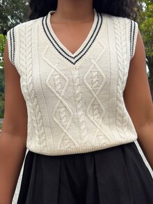 Alexandranx Casual Colorblock Striped Knit Vest, Autumn Fall - Apricot - View 6