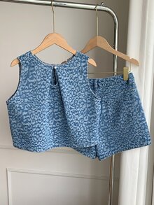 Comfortcana 女款度假休閒熱帶風歐美街頭風豹紋提花背心牛仔短褲套裝，海灘外出穿搭，藍色豹紋 - 中等水洗藍 - 查看 3