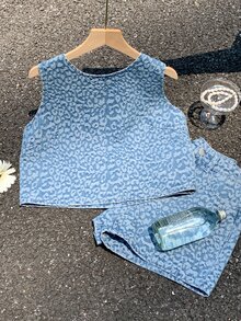Comfortcana 女款度假休閒熱帶風歐美街頭風豹紋提花背心牛仔短褲套裝，海灘外出穿搭，藍色豹紋 - 中等水洗藍 - 查看 7