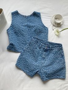 Comfortcana 女款度假休閒熱帶風歐美街頭風豹紋提花背心牛仔短褲套裝，海灘外出穿搭，藍色豹紋 - 中等水洗藍 - 查看 4
