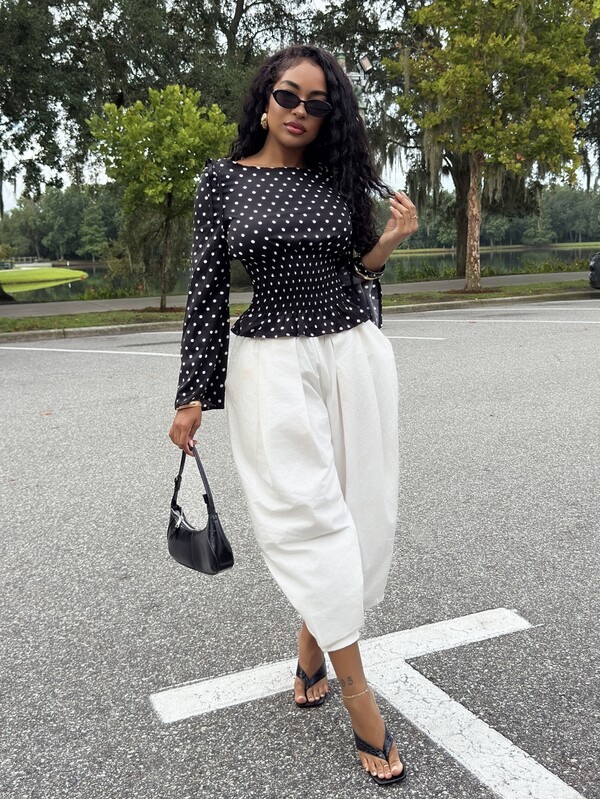 Alexandranx New Autumn/Winter French Elegant Fashion Polka Dot Shoulder Bowknot Waist Slimming Casual Commute Versatile Bell Sleeve Women Blouse