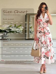 SHEIN CURVE+ 大尺碼女款優雅通勤花卉印花西裝外套與裙子兩件套 - 彩色 - 查看 9