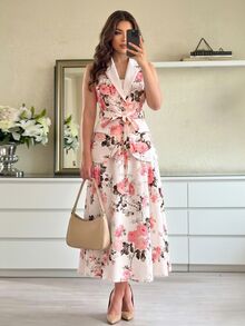 SHEIN CURVE+ 大尺碼女款優雅通勤花卉印花西裝外套與裙子兩件套 - 彩色 - 查看 8