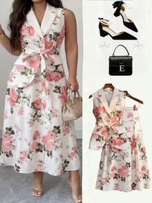 SHEIN CURVE+ 大尺碼女款優雅通勤花卉印花西裝外套與裙子兩件套 - 彩色 - 查看 4
